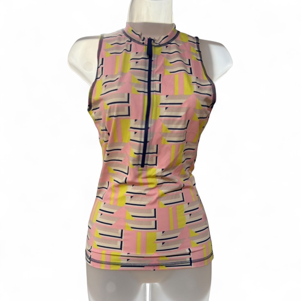J.Crew Rashguard Women Small Pink Yellow Geometric UPF 50+ Excellent‎ Half Zip - Picture 2 of 4